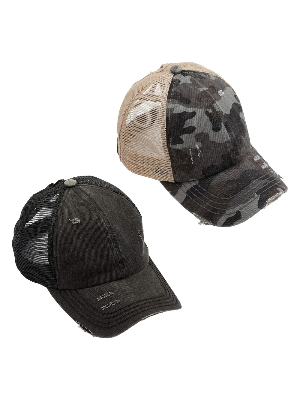 Criss Cross Ponytail Cap, Messy Bun | 2 Packs, Black, Black Camo | Size OS